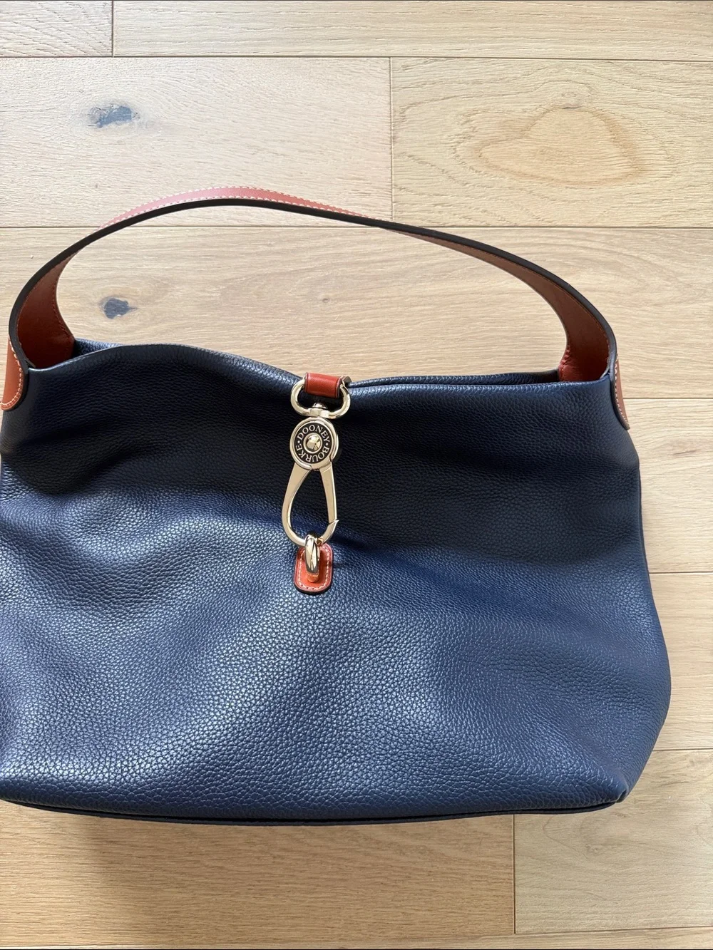 Dooney & Bourke Navy Leather Hobo with Brown Trim & Gold Hardware